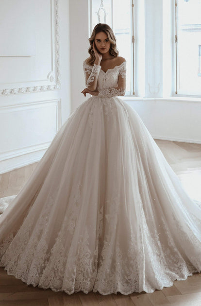 Long Sleeve Off The Shoulder Sheath Wedding Dress With Lace Bodice And  Train