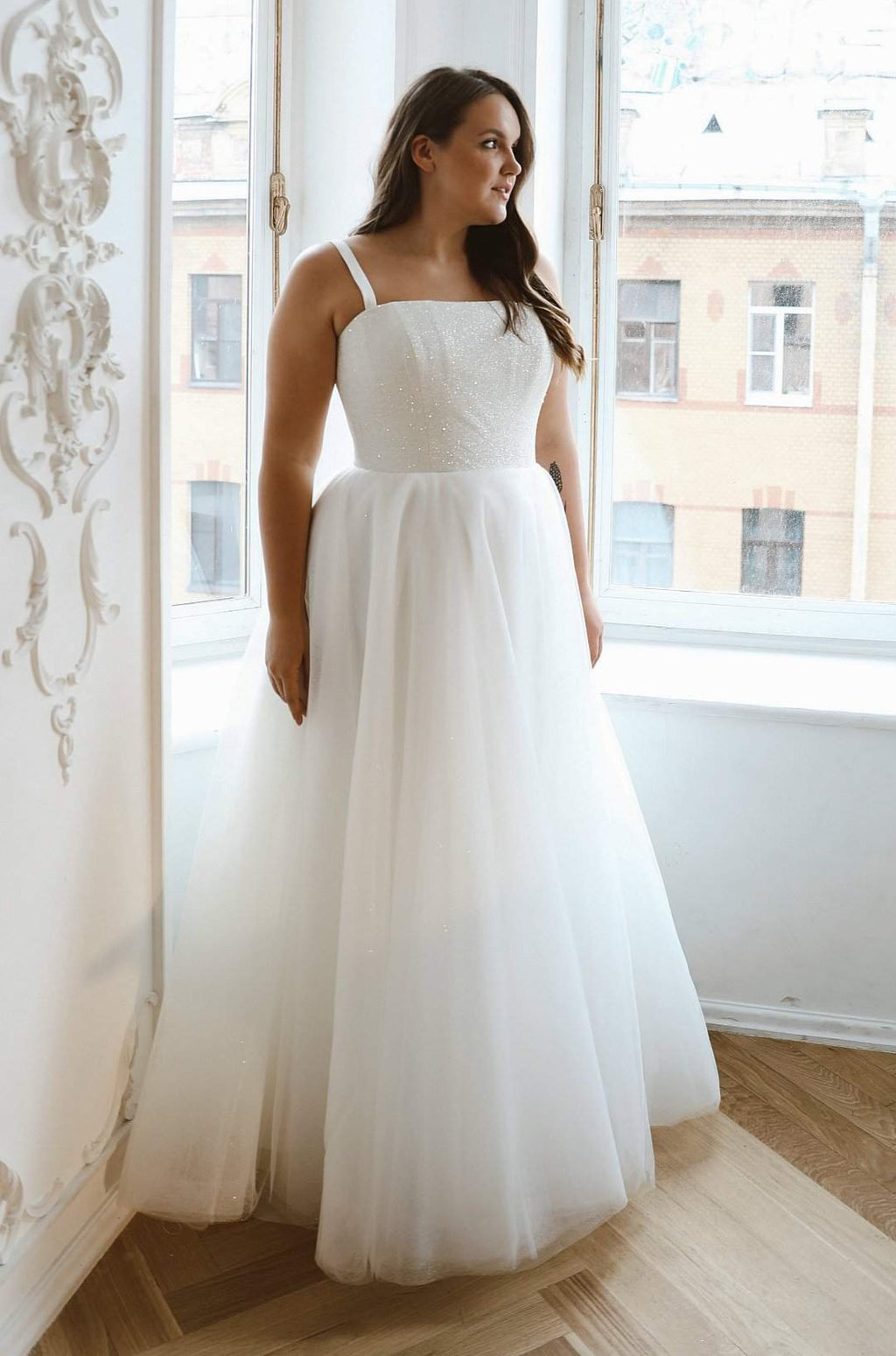 Plus Size Sparkly Wedding Dress Klouzi 2 with spaghetti straps Blush / US 24