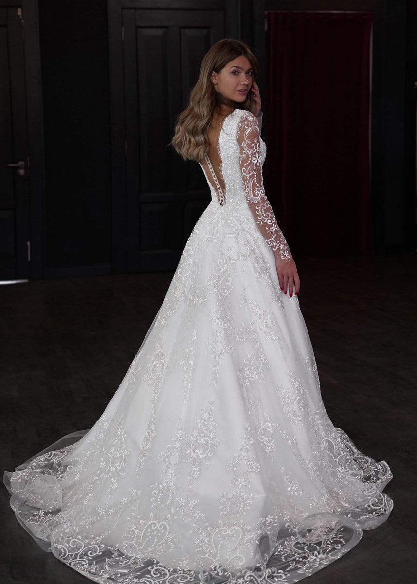 Sparkly Long Sleeve Lace A-Line Wedding Dress