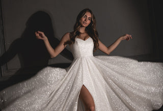Glamourous Sparkly Beaded A-Line Wedding Dress with Off-the-Shoulder Straps