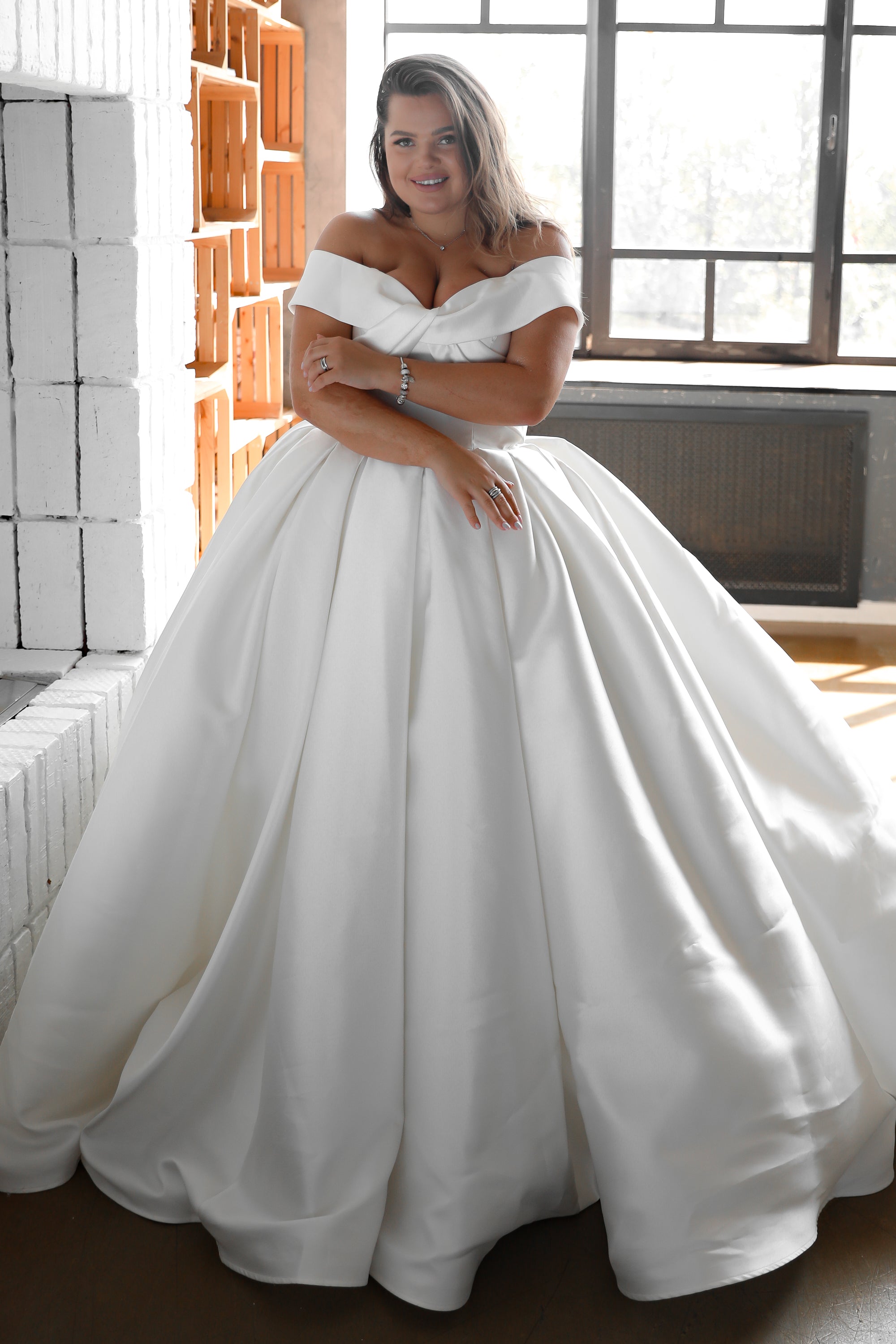 Satin Royal Bridal Gown with Beaded Off-the-shoulder – loveangeldress