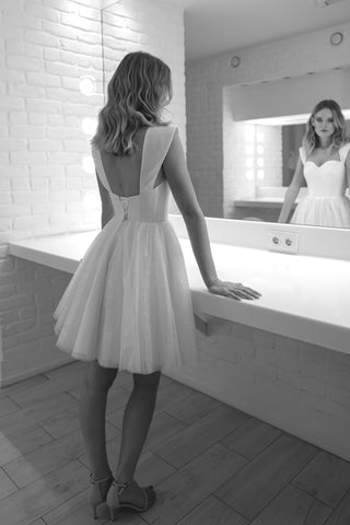 white short sparkly wedding dress Short Bridal Wedding Dress with Convertible Puffy Tulle Train Strapl WonderlandByLilian