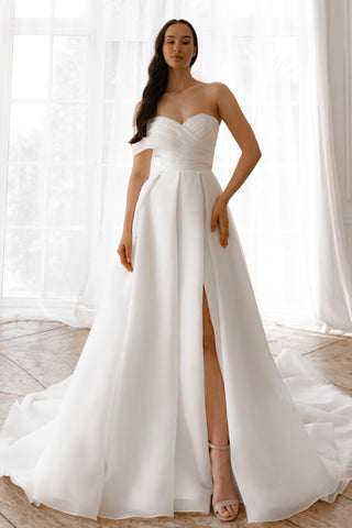 organza wedding dress with straps Organza A-line wedding dress with one-shoulder strap