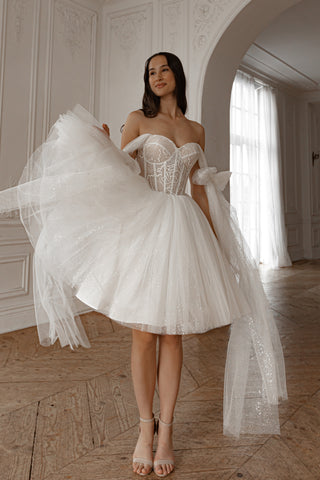 short length wedding dresses A-line Off-the-Shoulder Short Sleeve Satin Tea-Length Wedding Dress With Satin Trim - Wedding Dresses