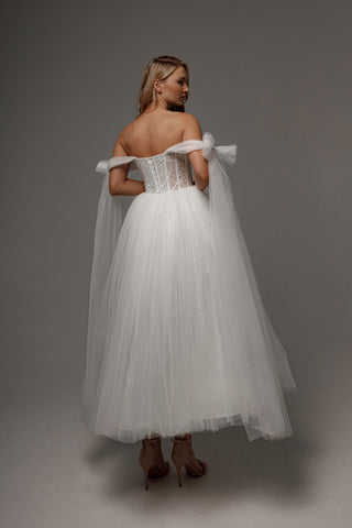 helena off shoulder dress Helena Kolan | Taylor Off-Shoulder Crepe Wedding Dress with Slit