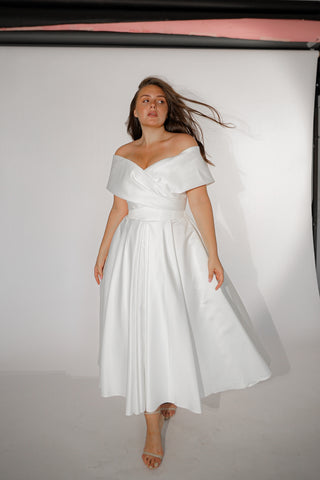 Light ivory Satin Midi Wedding Dress Cameron Ready-to-Ship / US 16 Light ivory Satin Midi Wedding Dress Cameron Ready-to-Ship / US 16