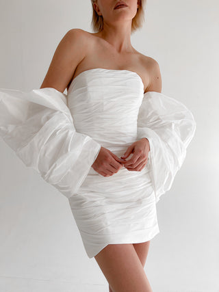 Short Taffeta Wedding Dress Anneli with Detachable Sleeves-Bow