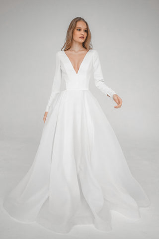 88292 (Forrest) - Stretch Crepe Wedding Dress with Plunging Illusion  Sabrina Neckline - Perfections Bridal Studio