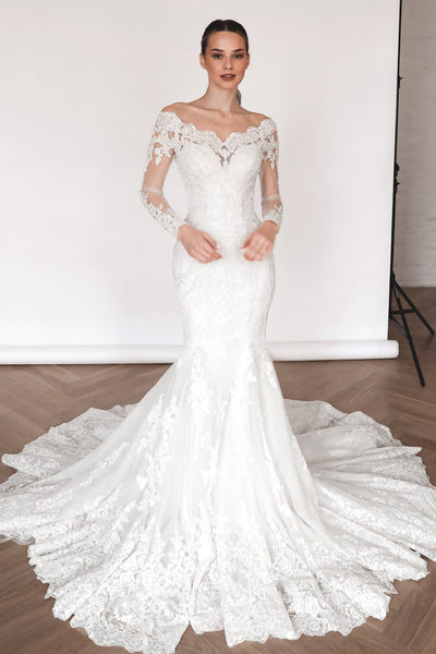 knee length dresses for ladies Elegant Mermaid Wedding Dress with Sheer Lace Sleeves and Tulle Skirt