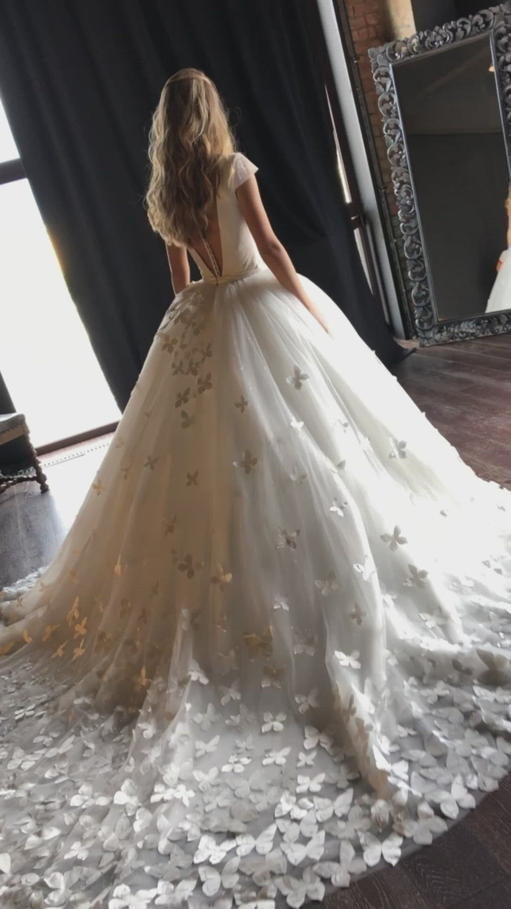 butterfly wedding dress BirdieBridalFW The sheer back with button closure adds a hint of allure Butterfly Appliqued Wedding Dress Baily
