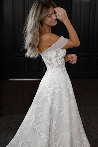 off-the-shoulder a-line wedding dress olivia reviews Shimmering Off-the-Shoulder Wedding Dress Melanie Light ivory / Ready-to-Ship / US 6