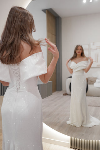 silver sheath wedding dress Couture Beaded High-Neck Sheath Wedding Dress with Crystal Cape