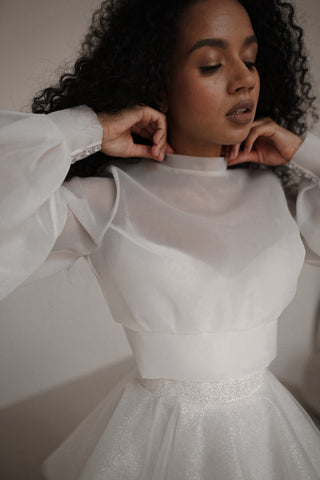 high neck organza wedding dress A Line High Collar Organza Long Wedding Dress With Full Sleeves -