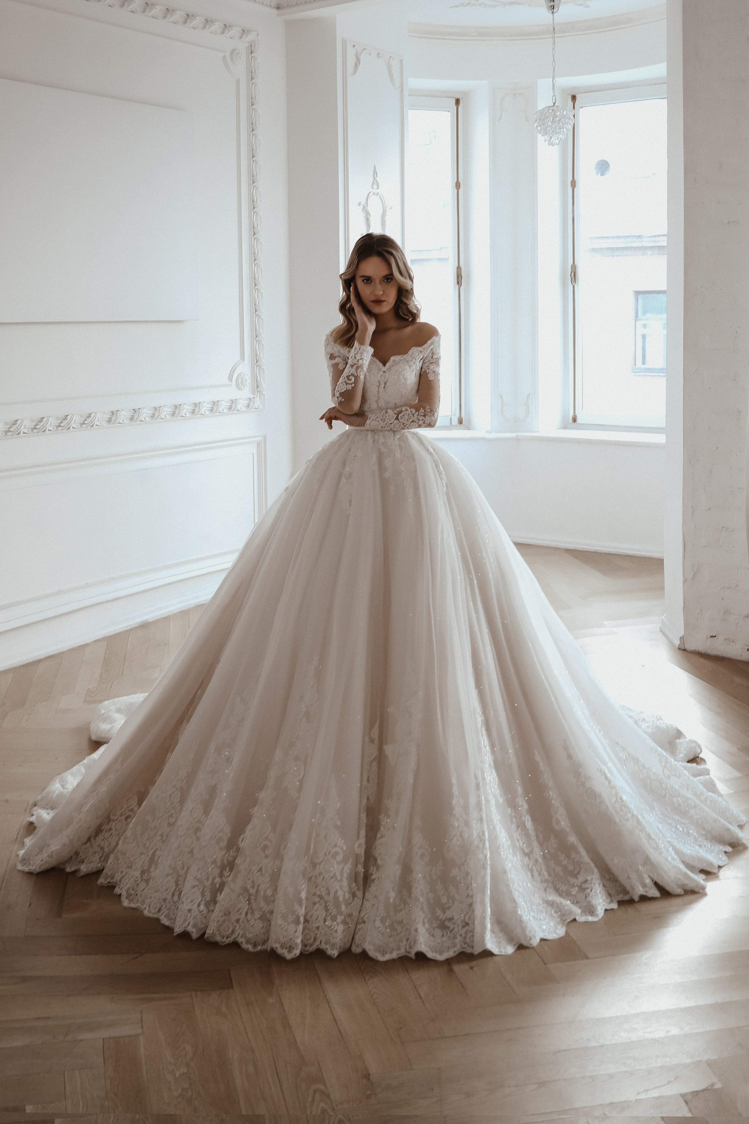 Off Shoulder Long Sparkly Unique Design Elegant Wedding Dresses WD0304   SposaBridal