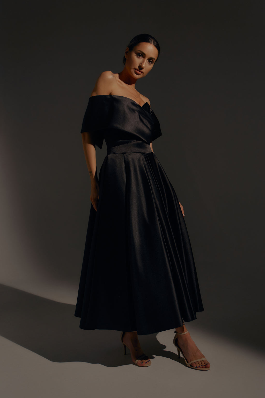 Black Satin Midi Dress Cameron Light Ivory / OB 32/US 28