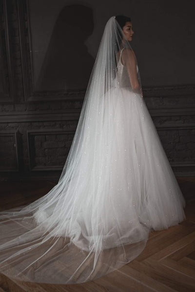 137’long white wedding veil with sequins Cathedral Glitter Bridal Veil | Sparkling Long Veil with  main image 3