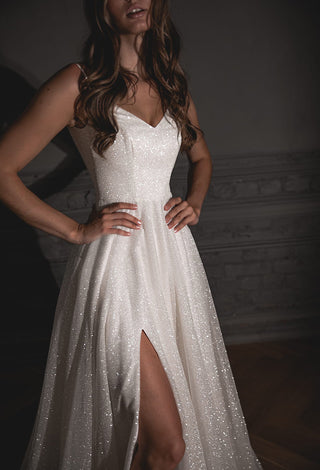 Shiny Wedding Dress Bree with a High Front Slit – Olivia Bottega Shiny Wedding Dress Bree with a High Front Slit – Olivia Bottega