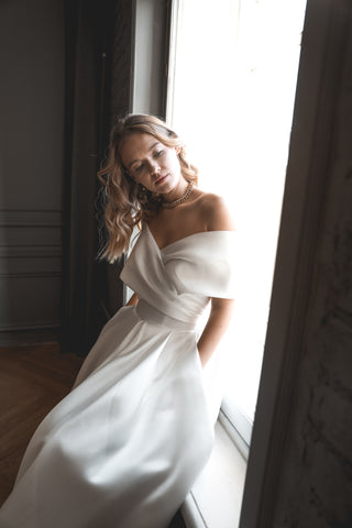 Light ivory Satin Midi Wedding Dress Cameron