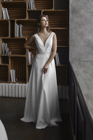 88292 (Forrest) - Stretch Crepe Wedding Dress with Plunging Illusion  Sabrina Neckline - Perfections Bridal Studio