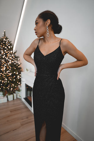 Black Sparkly Evening Dress Leona with Front Slit US 2 Black Sparkly Evening Dress Leona with Front Slit US 2