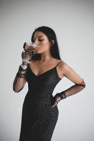 Black Sparkly Evening Dress Leona with Front Slit US 2 Black Sparkly Evening Dress Leona with Front Slit US 2