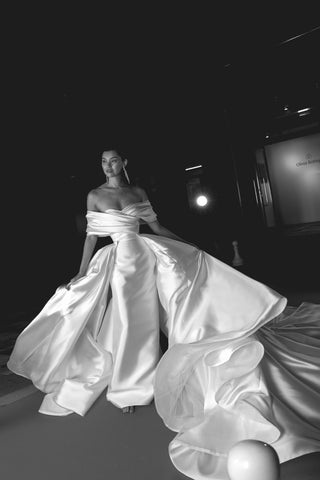 mikado a-line wedding dress with removable train Strapless Drop Waist Mikado Wedding Dress Faith with Cathedral train Ready to Ship / Ivory / Custom (0-12 US, 32-44 EU)