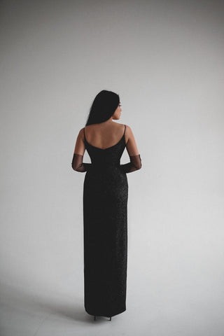 Black Sparkly Evening Dress Leona with Front Slit