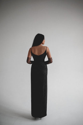 Black Sparkly Evening Dress Leona with Front Slit Olivia Bottega Black Sparkly Evening Dress Leona with Front Slit Olivia Bottega