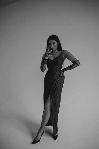 Black Sparkly Evening Dress Leona with Front Slit Olivia Bottega Black Sparkly Evening Dress Leona with Front Slit Olivia Bottega