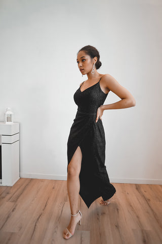 Black Sparkly Evening Dress Leona with Front Slit Olivia Bottega Black Sparkly Evening Dress Leona with Front Slit Olivia Bottega