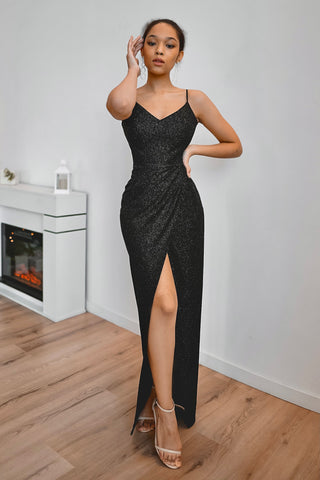 Black Sparkly Evening Dress Leona with Front Slit