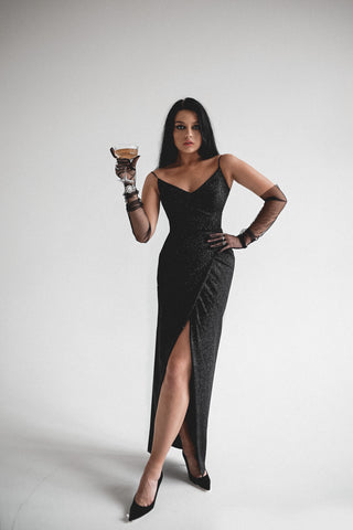 Black Sparkly Evening Dress Leona with Front Slit Olivia Bottega Black Sparkly Evening Dress Leona with Front Slit Olivia Bottega